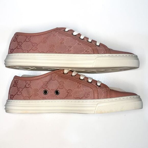 Gucci Low Top Cap Toe Sneakers EU 36.5 US 6.5 Pink GG Canvas Leather Flat Shoes - Picture 5 of 9